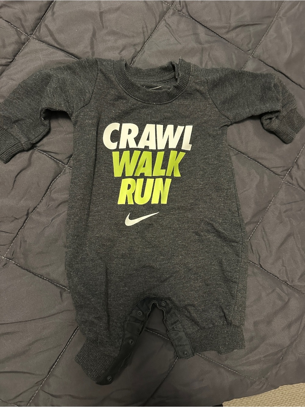 Nike Dark Gray Baby One-Piece Romper with Lime and White Graphic